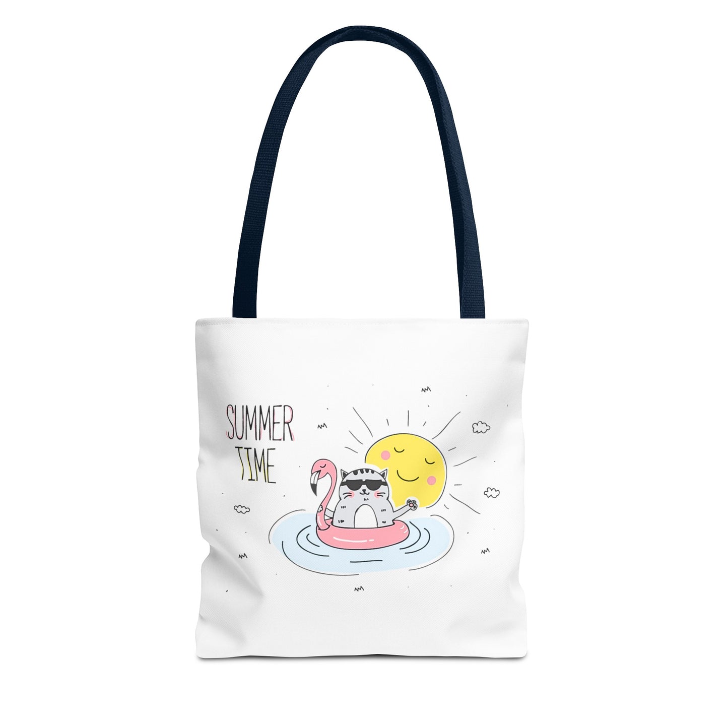 Printify cute animal graphic tote bag with summer cat floating on flamingo float and sun design