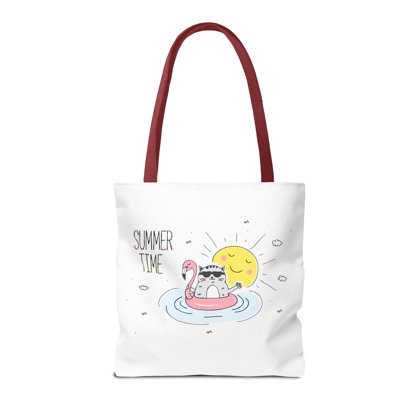 Printify cute animal graphic tote bag with cat on flamingo float and summer time design