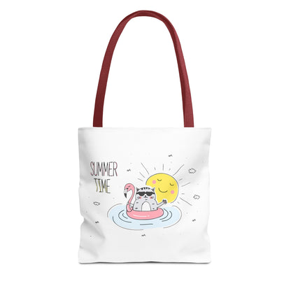 Printify cute animal graphic tote bag featuring a cat on a flamingo float with sun and summer time text