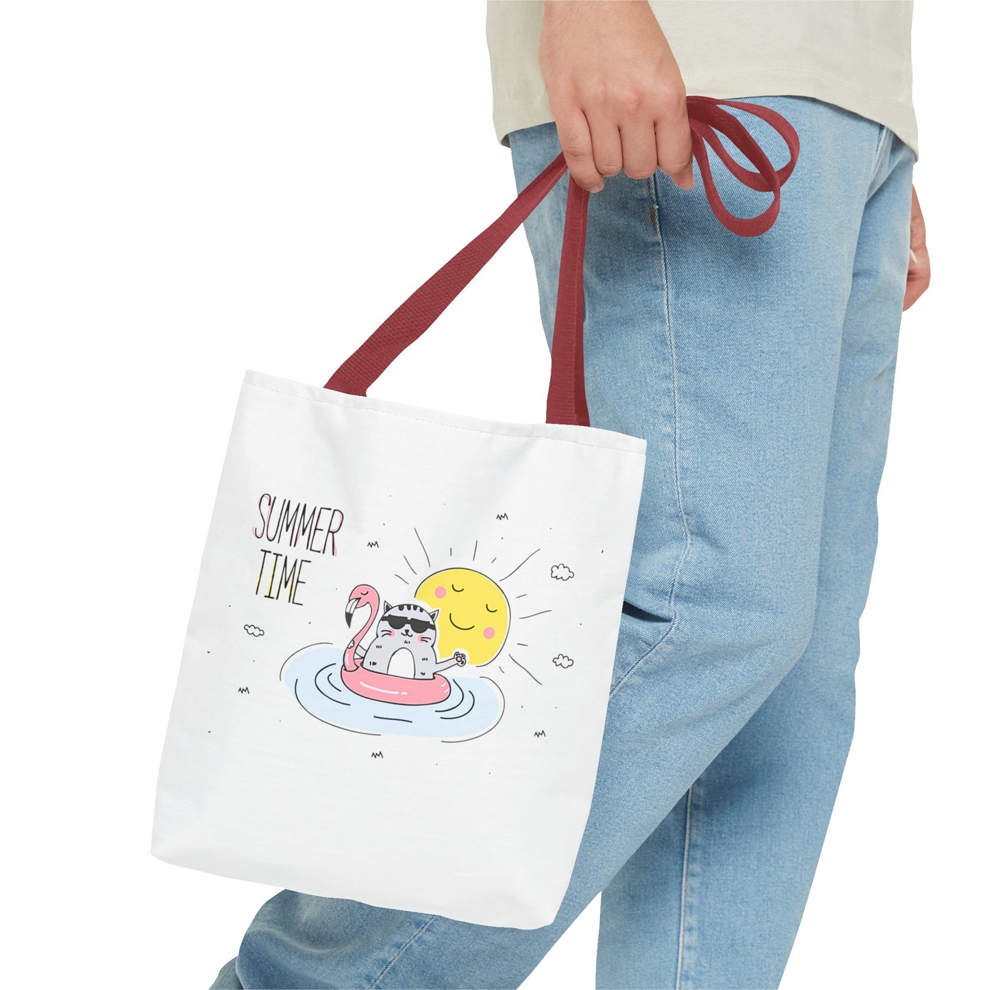 Printify cute animal graphic tote bag with summer time cat float design and red handles