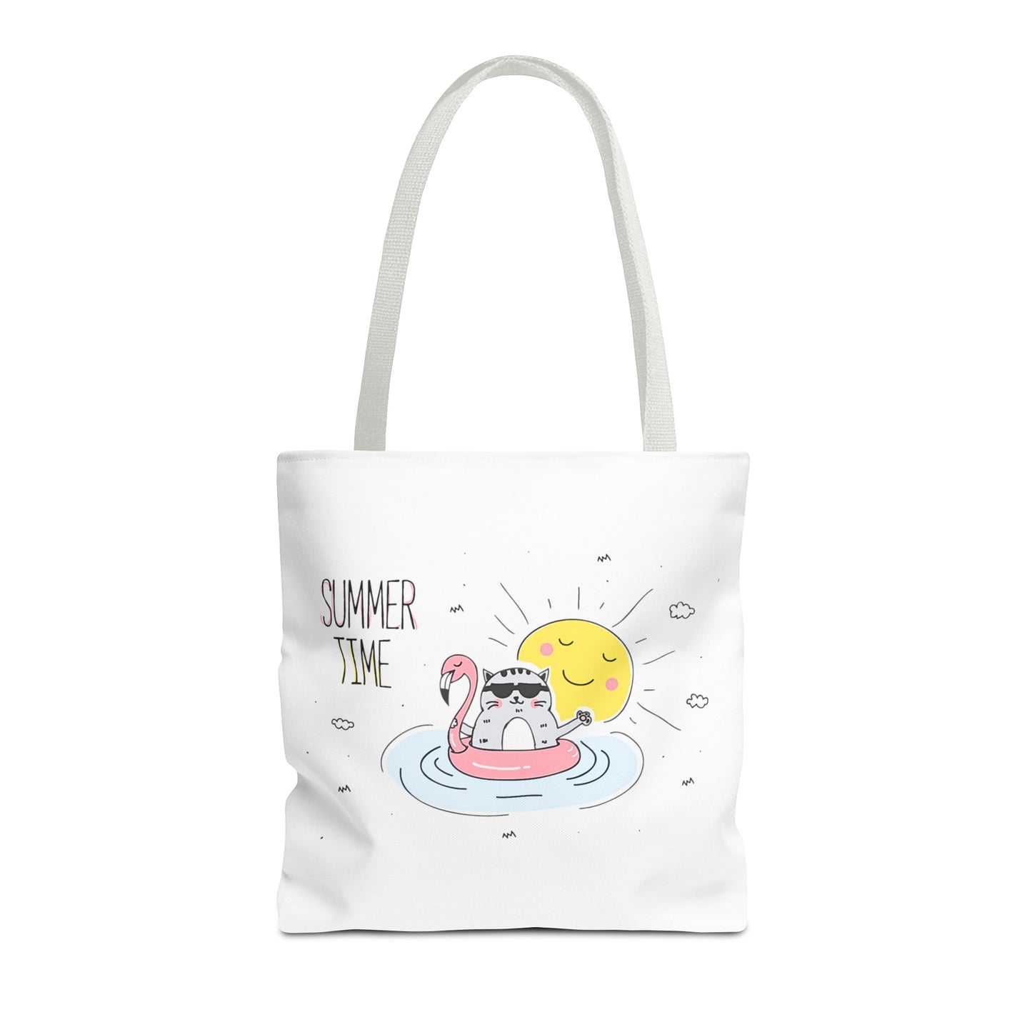 Printify cute animal graphic tote bag with a cat on flamingo float and summer time design