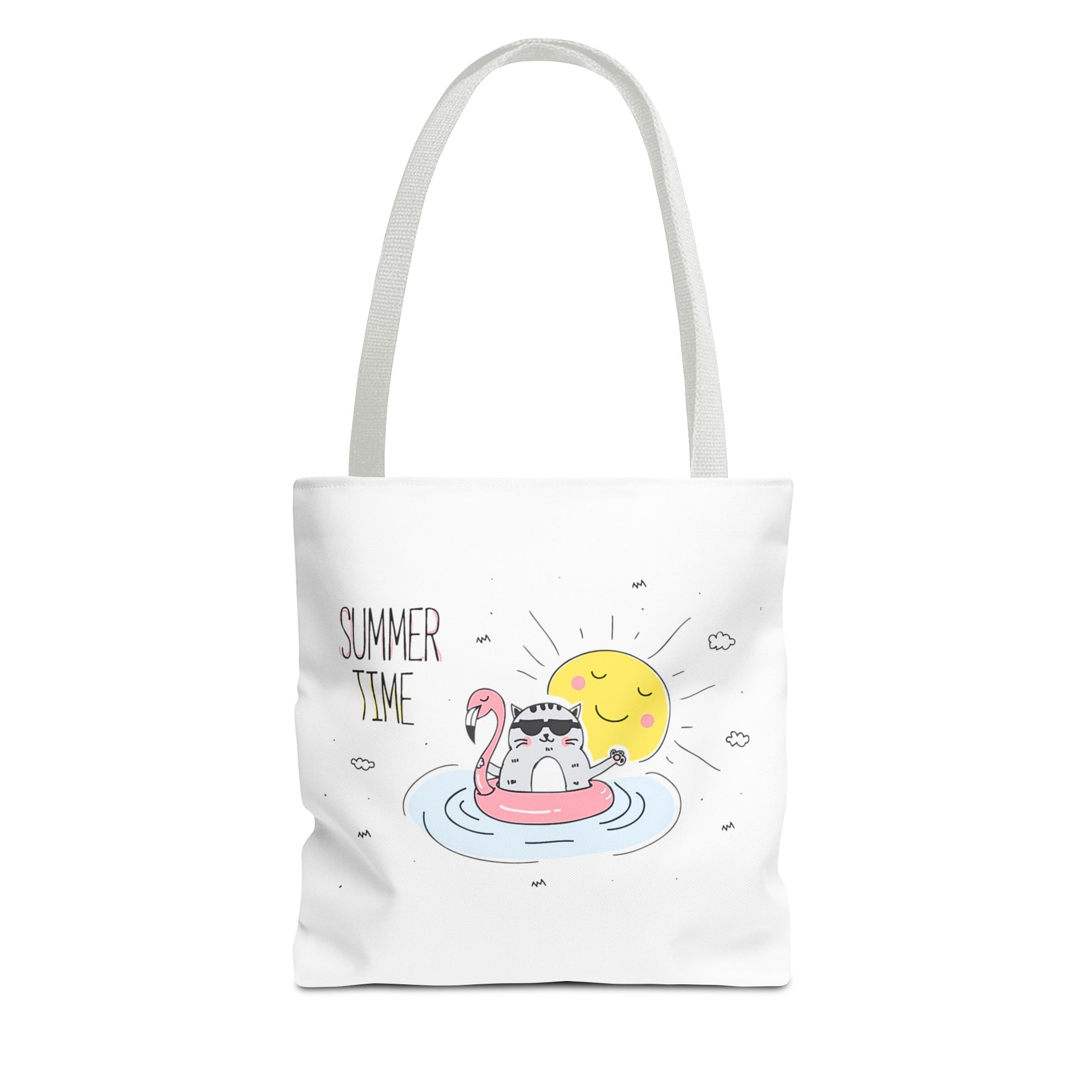 Cute animal graphic tote bag with cat on flamingo float and smiling sun summer time design