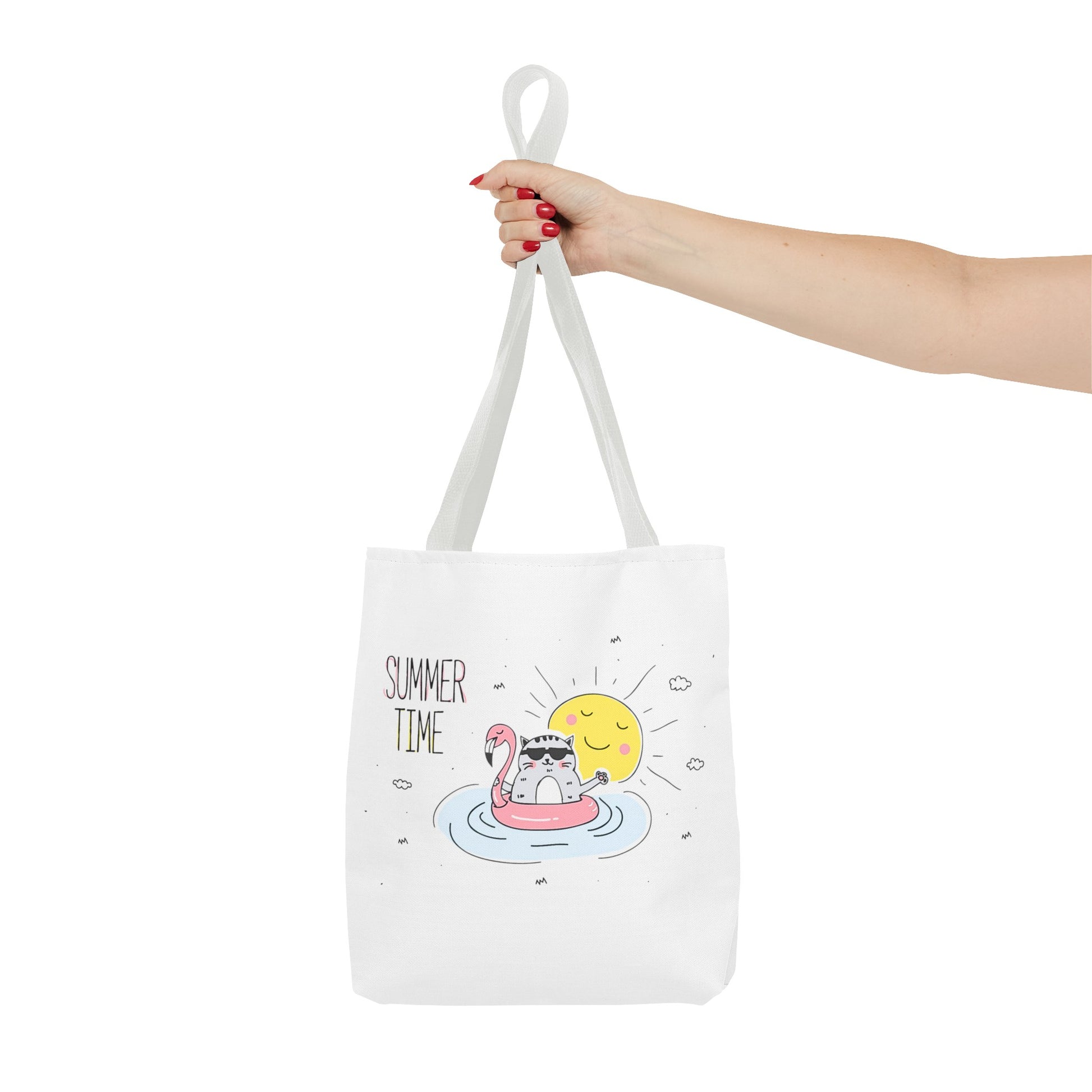 White cute animal graphic tote bag with summer time design held by hand