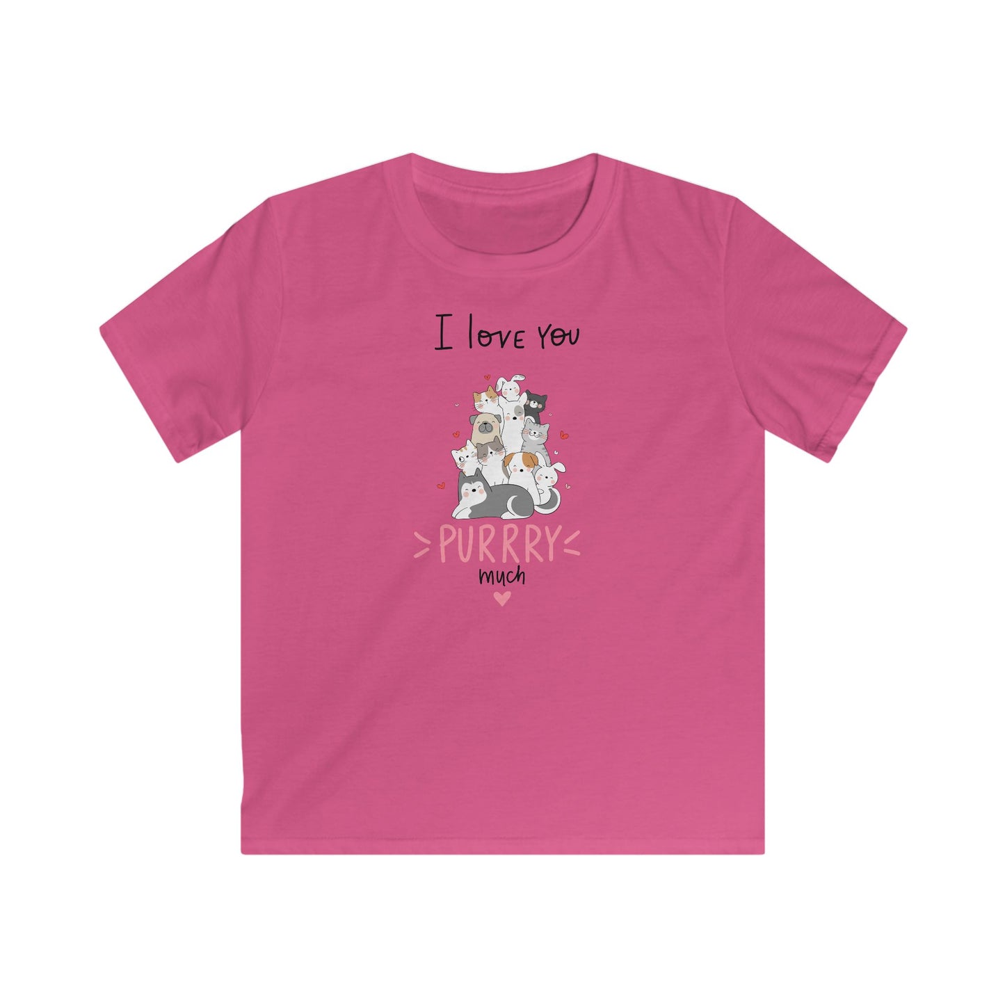 Pink kids shirt with cute animal shirt kids design featuring multiple cats and I love you message