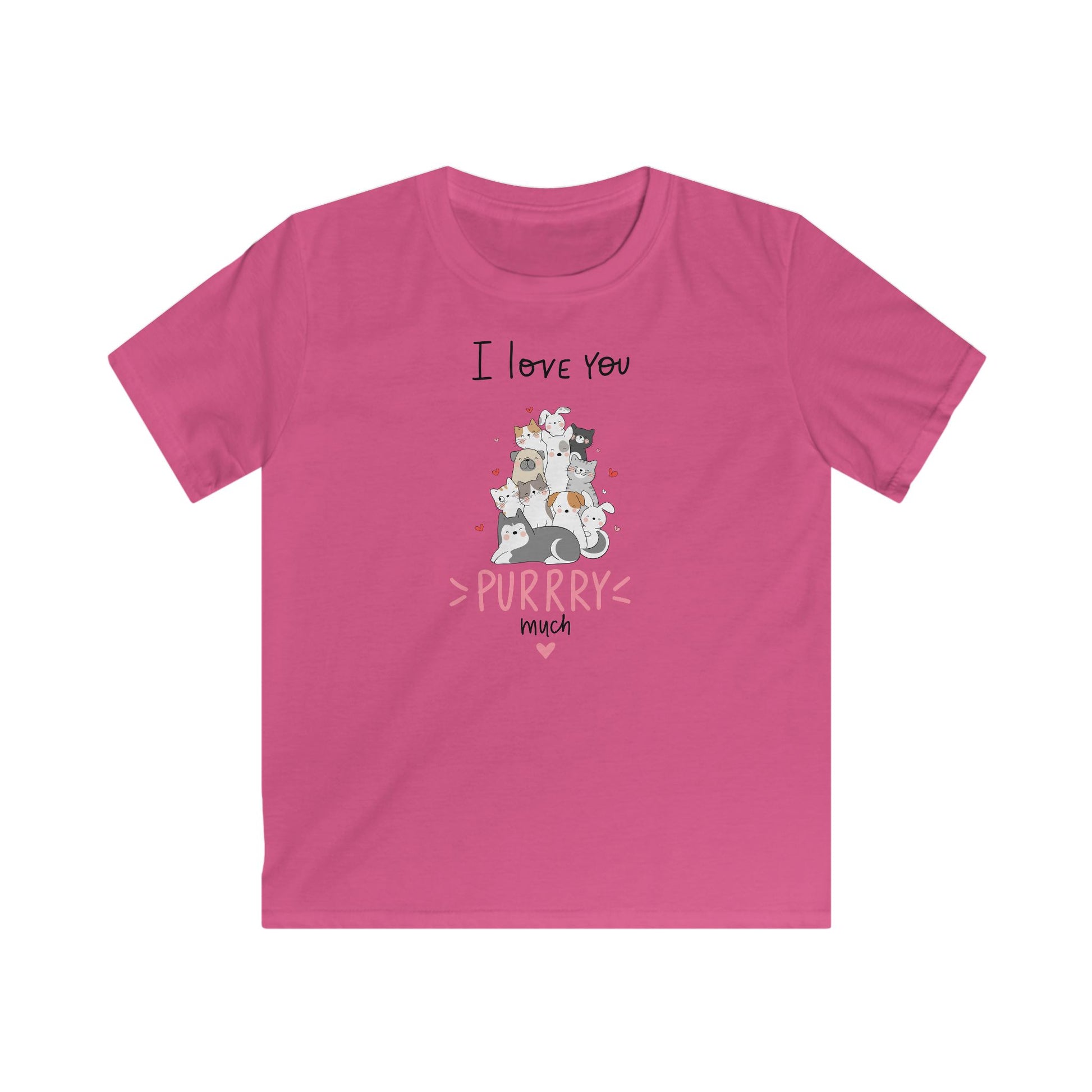 Pink kids shirt with cute animal shirt kids design featuring multiple cats and I love you message
