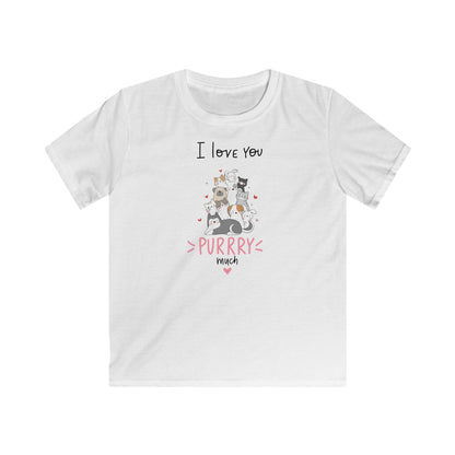 White cute animal shirt kids featuring a playful cat design and I love you purrry much text