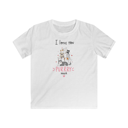 White cute animal shirt kids featuring a playful cat design and I love you purrry much text
