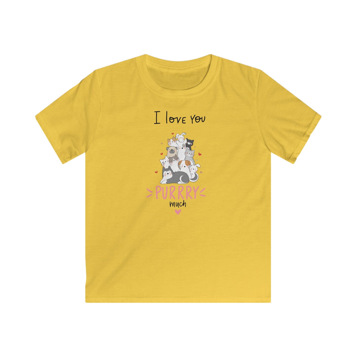 Yellow cute animal shirt kids featuring a stack of illustrated cats and I love you purrry much text