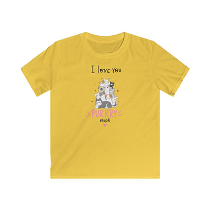 Yellow cute animal shirt kids featuring a stack of illustrated cats and I love you purrry much text