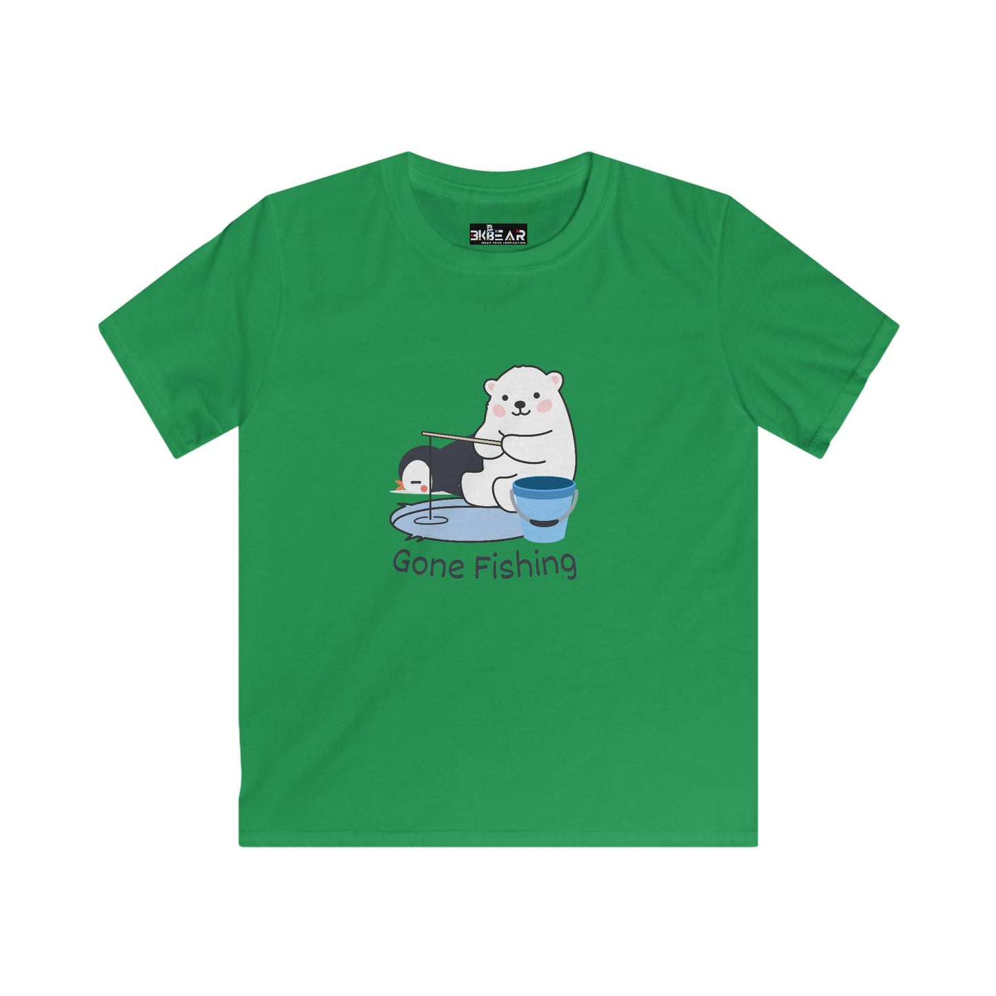 Green kids shirt with cute bear gone fishing tee design featuring a bear fishing by a pond