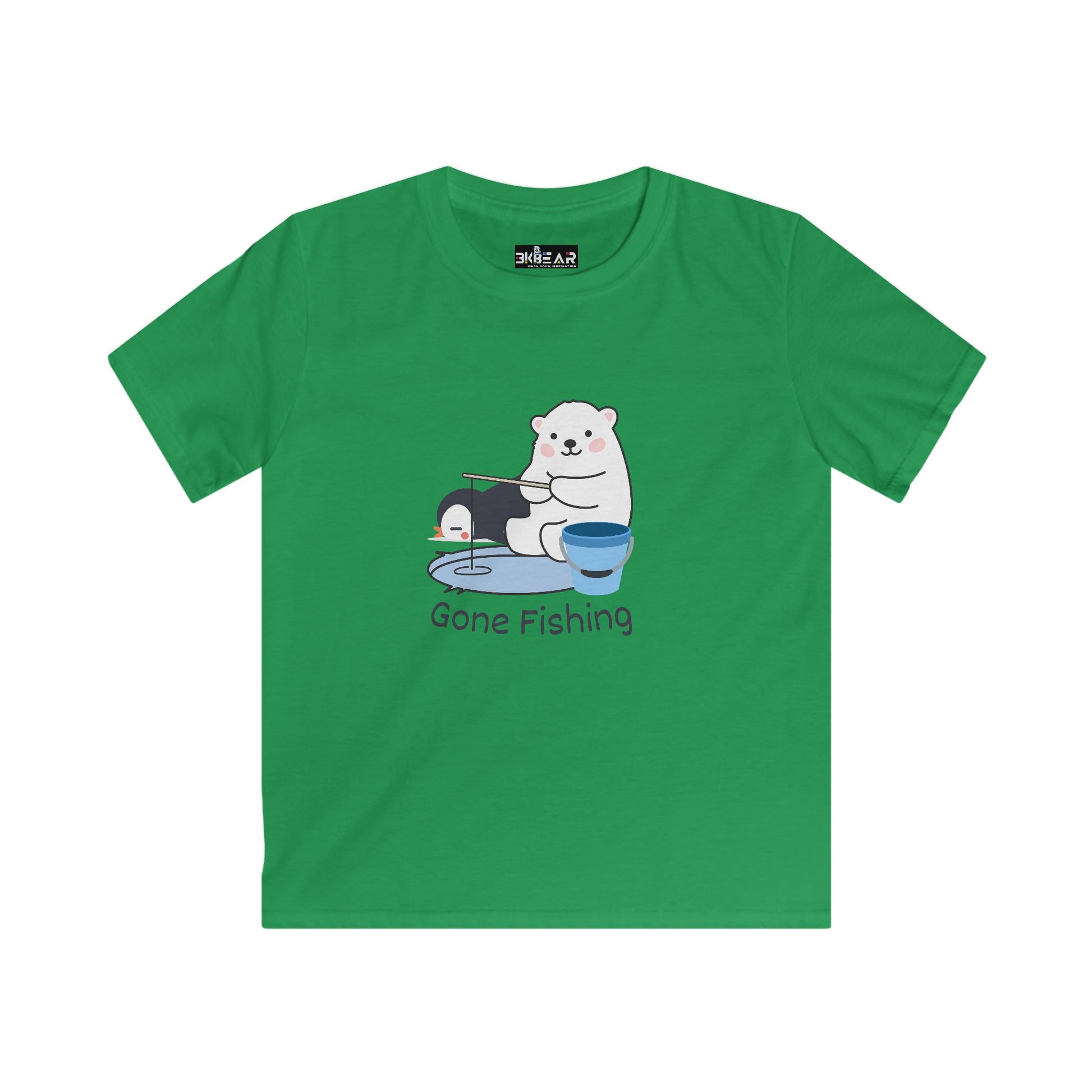 Green kids shirt with cute bear gone fishing tee design featuring a bear fishing by a pond