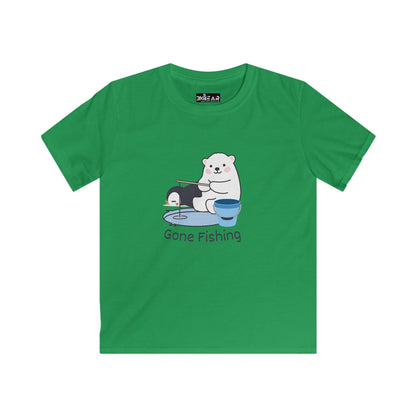 Green kids shirt with cute bear gone fishing tee design featuring a bear fishing by a pond