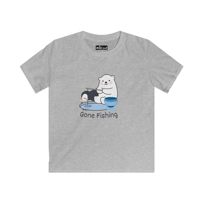 Gray kids shirt with cute bear gone fishing tee design featuring a bear and penguin fishing