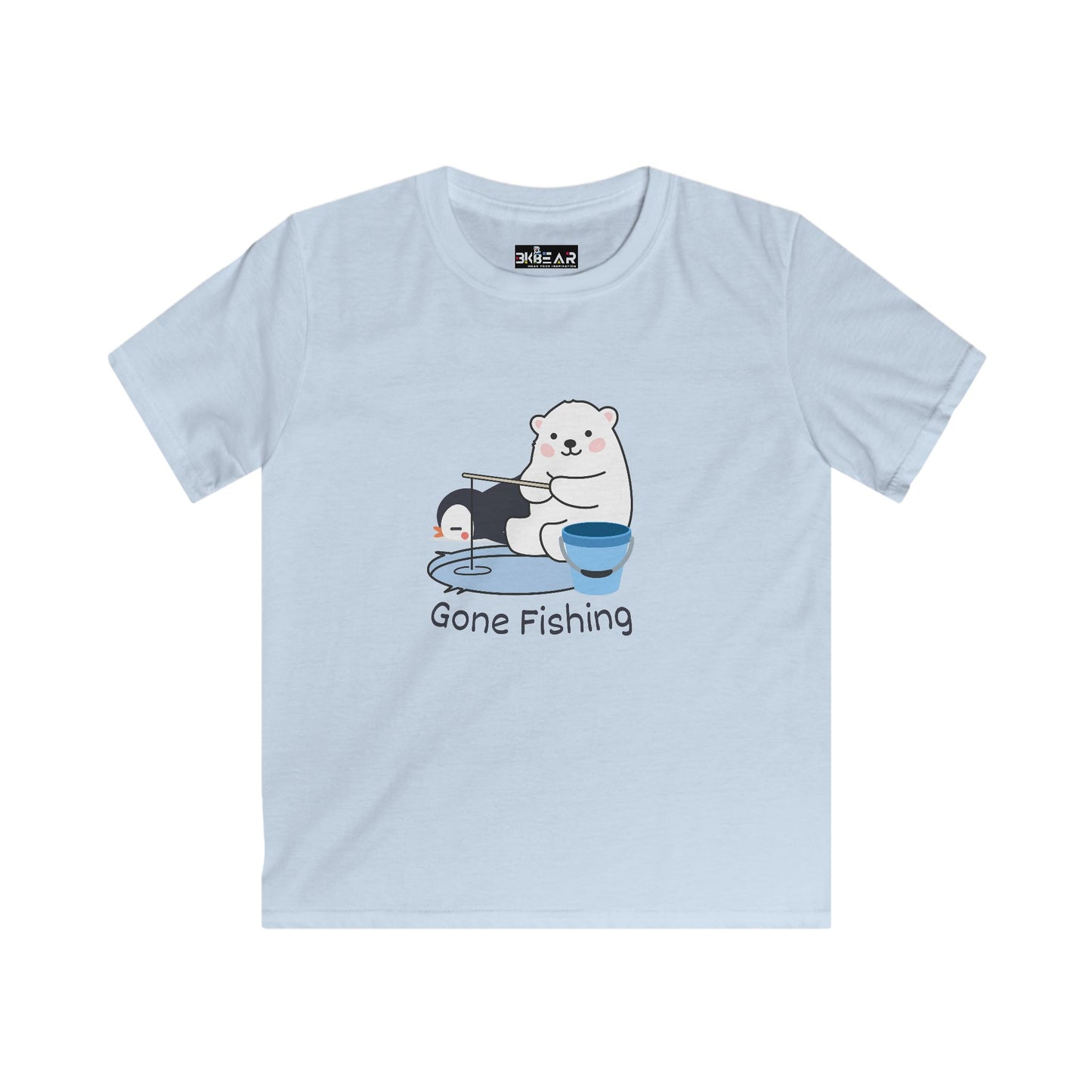 Light blue kids shirt with cute bear gone fishing tee design featuring bear fishing by a bucket