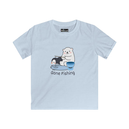 Light blue kids shirt with cute bear gone fishing tee design featuring bear fishing by a bucket