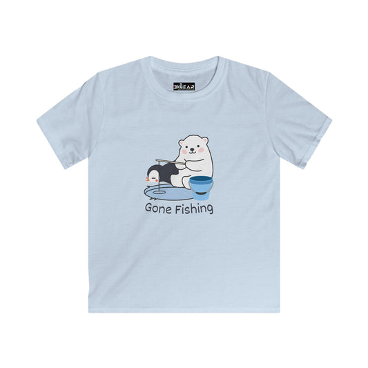 Light blue kids shirt with cute bear gone fishing tee design featuring bear fishing by a bucket