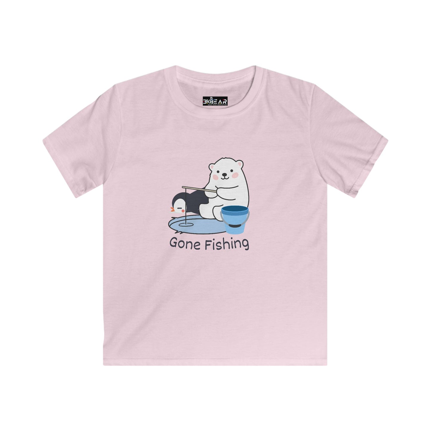 Kids pink t-shirt with cute bear gone fishing tee design featuring bear and penguin fishing