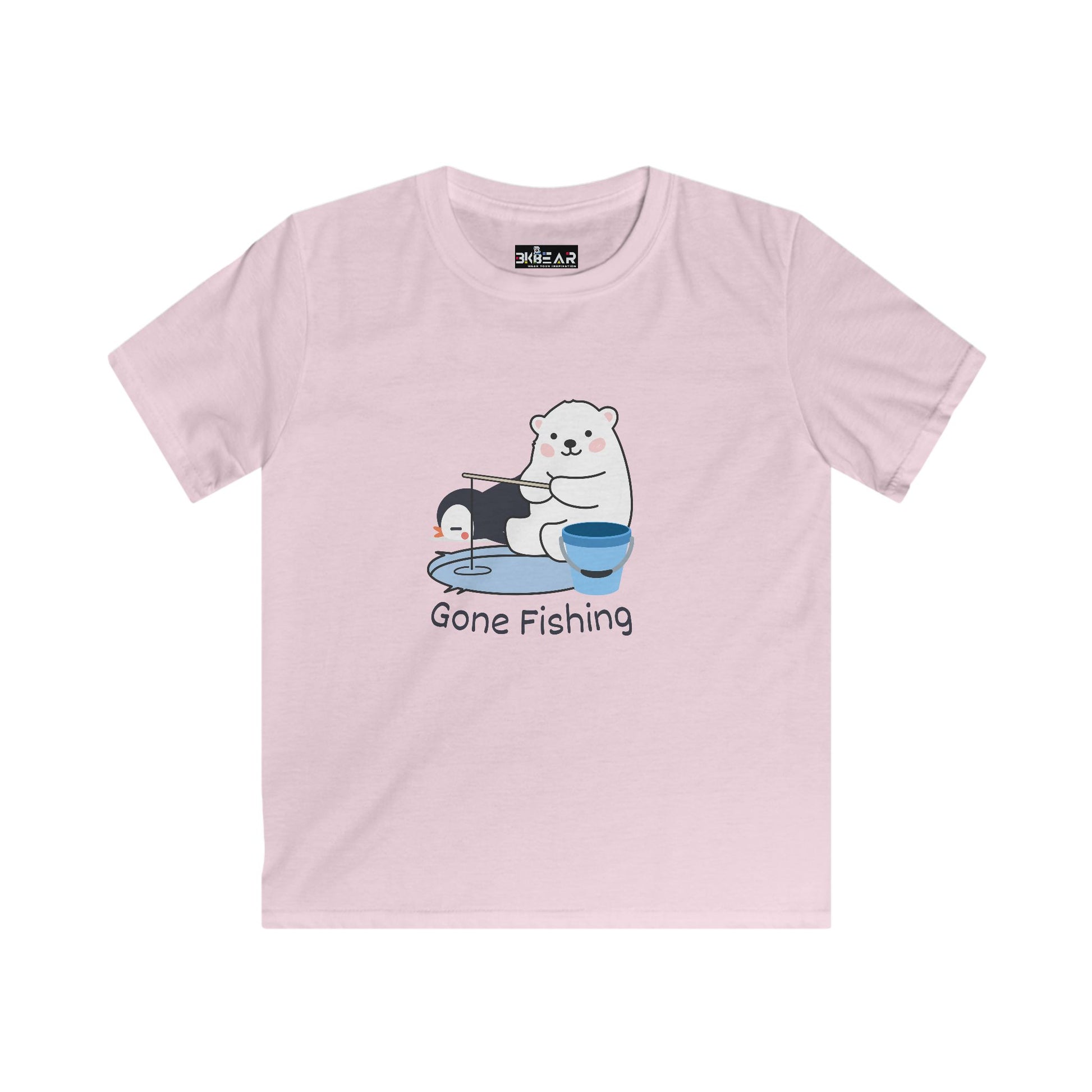 Kids pink t-shirt with cute bear gone fishing tee design featuring bear and penguin fishing