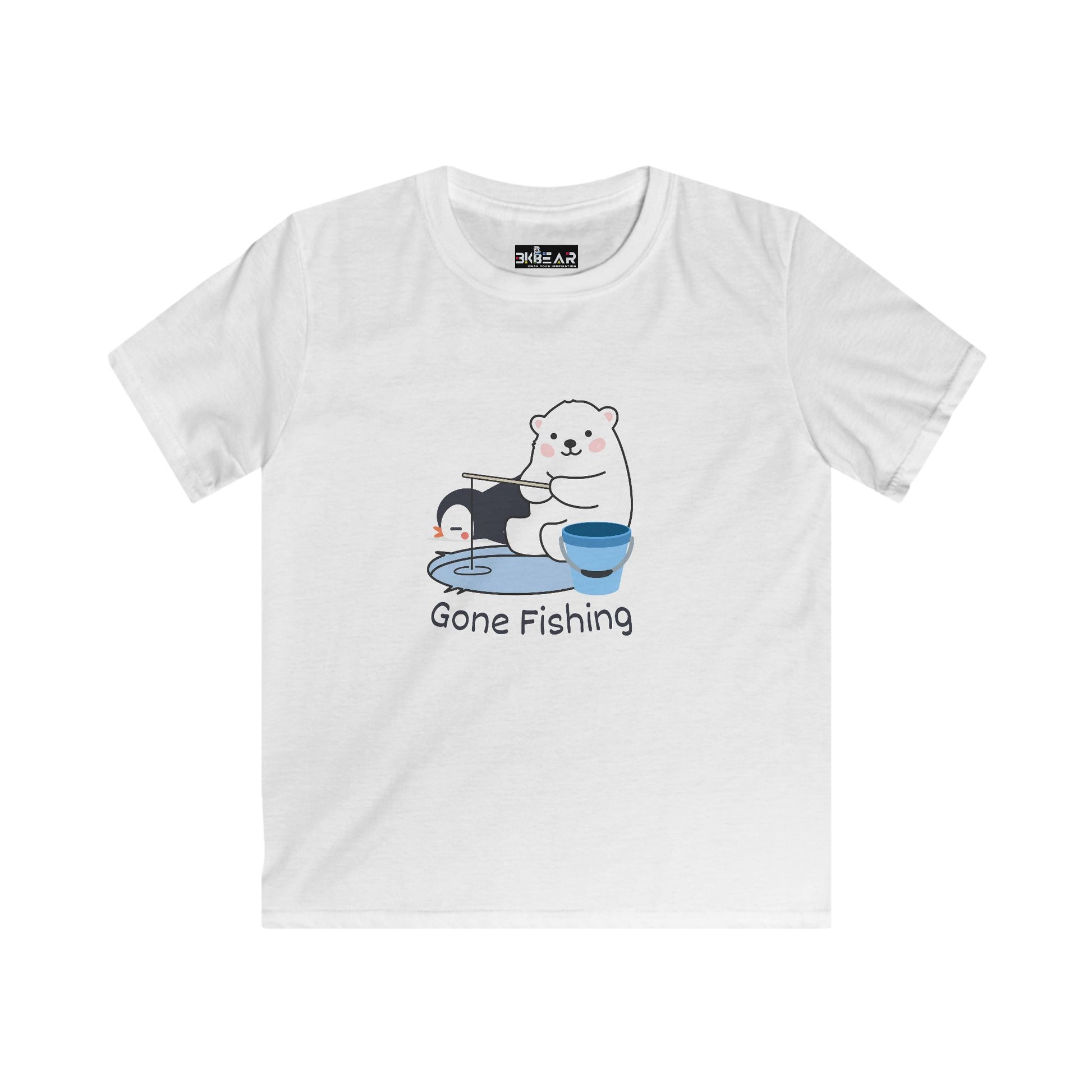 White kids shirt featuring a cute bear gone fishing tee with fishing bear graphic and blue bucket