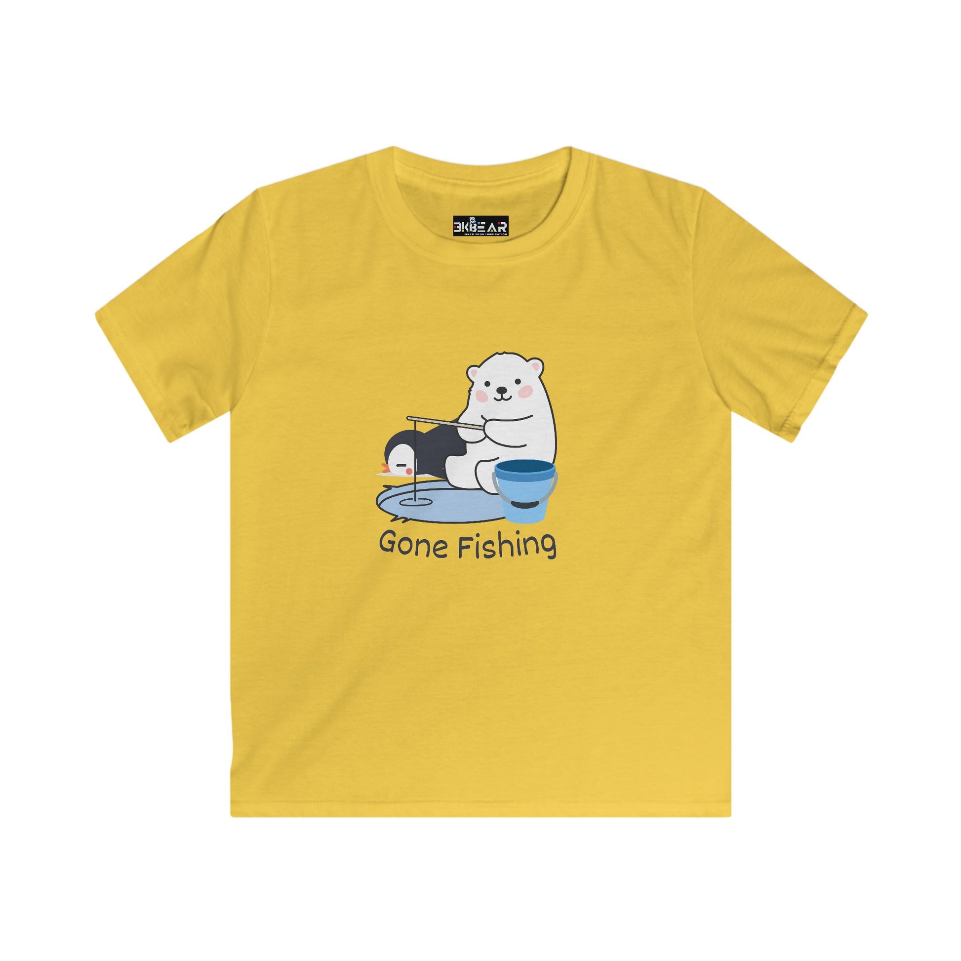 Yellow kids shirt featuring a cute bear gone fishing tee design with a white bear and bucket