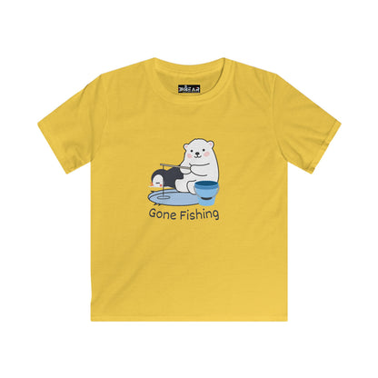 Yellow kids shirt featuring a cute bear gone fishing tee design with a white bear and bucket
