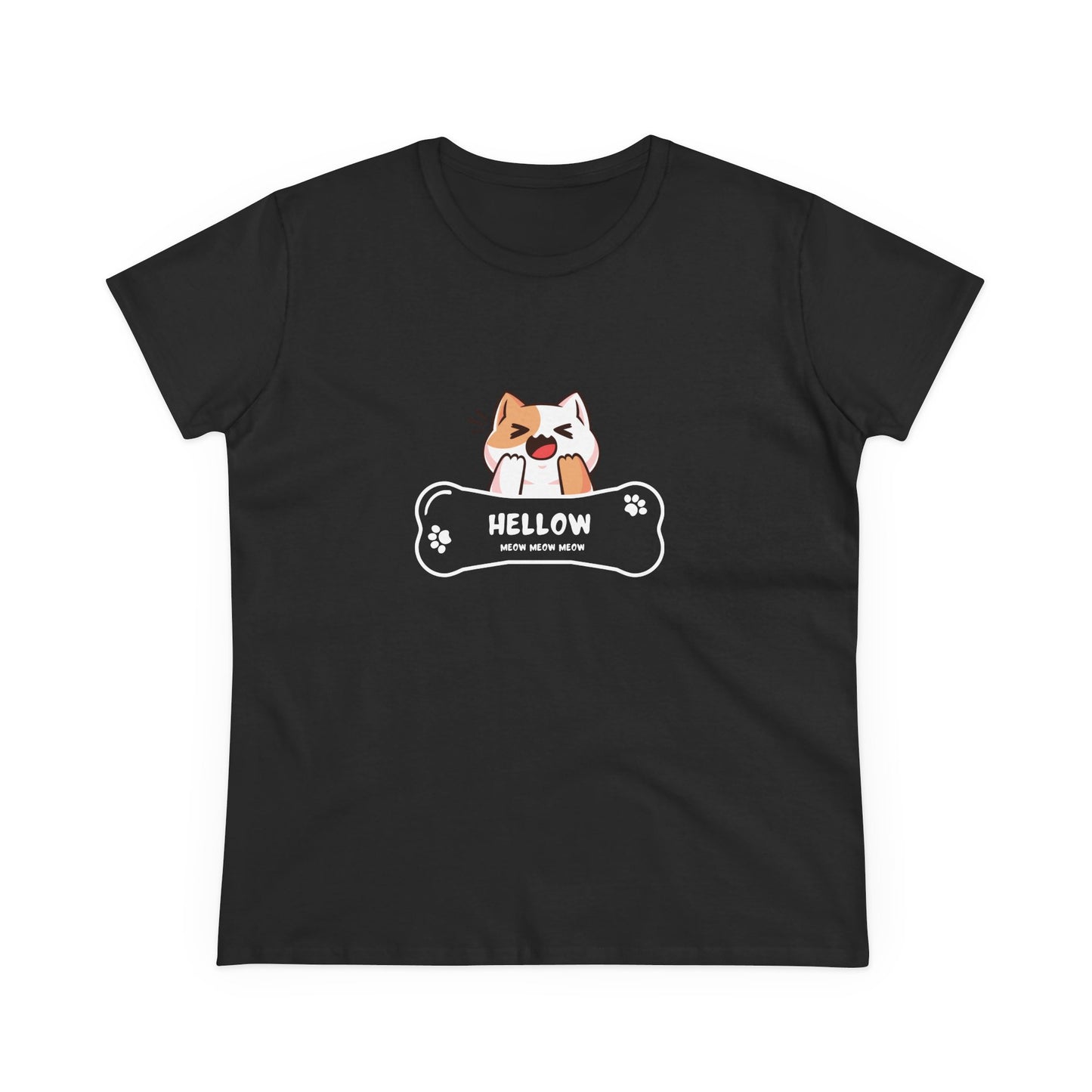 Black Printify T-Shirt with cute cat graphic tee featuring playful cat and bone design
