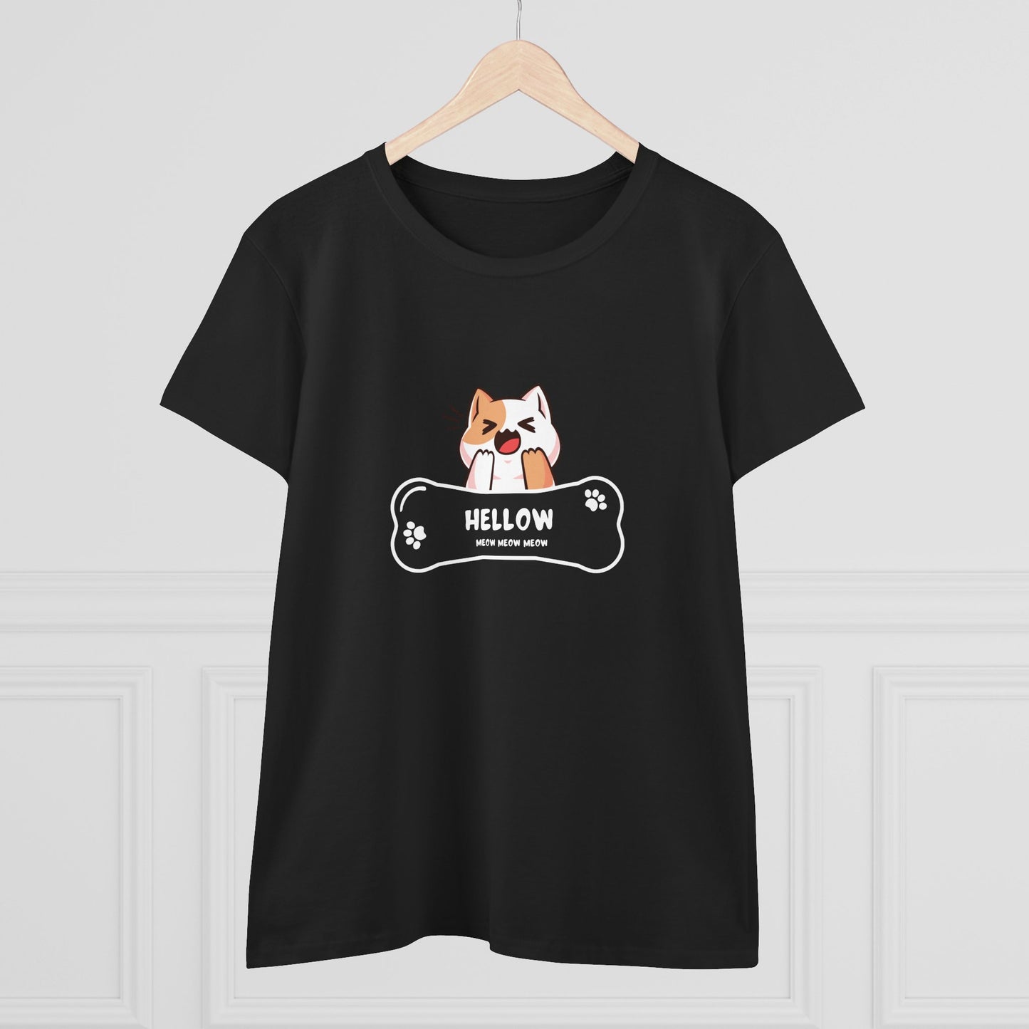 Black Printify T-Shirt with cute cat graphic tee design featuring a playful cat and bone shape