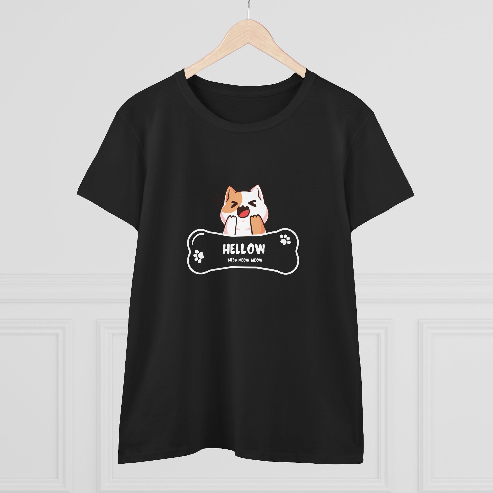 Black Printify T-Shirt with cute cat graphic tee design featuring a playful cat and bone shape