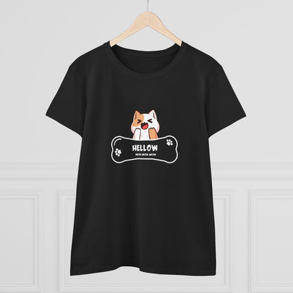 Black Printify T-Shirt with cute cat graphic tee design featuring a playful cat and bone shape