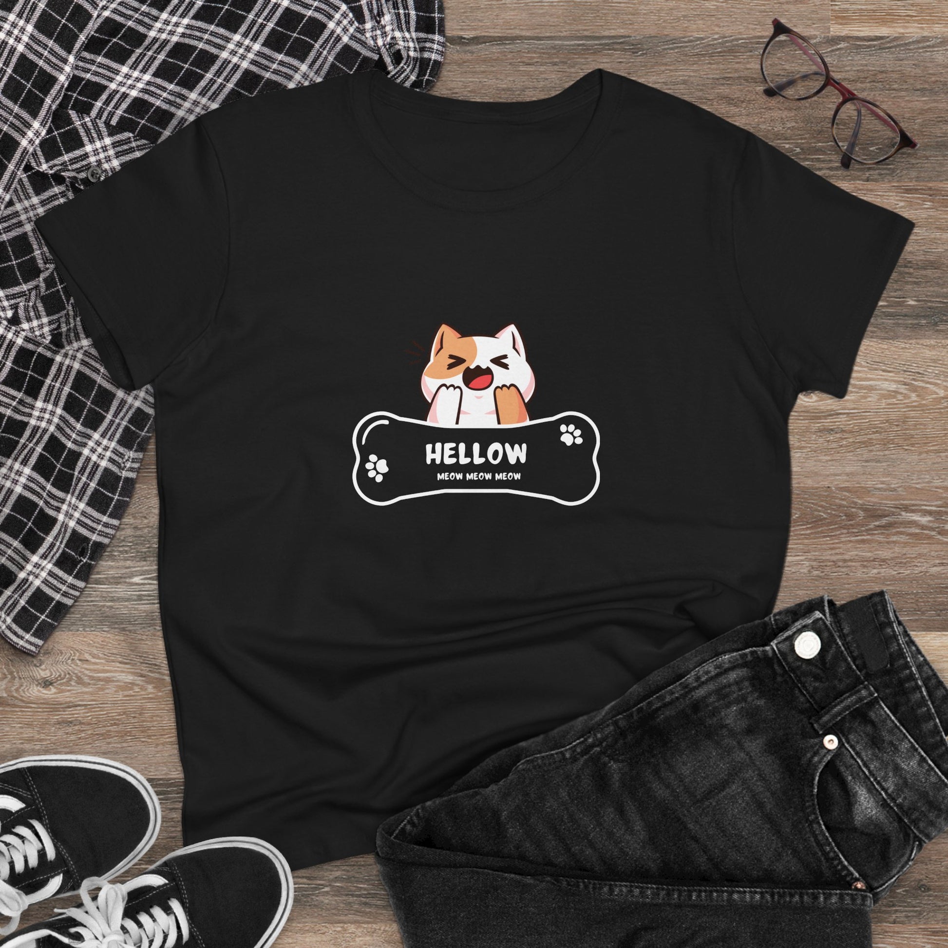 Black Printify t-shirt featuring a cute cat graphic tee design with a playful cat and bone illustration