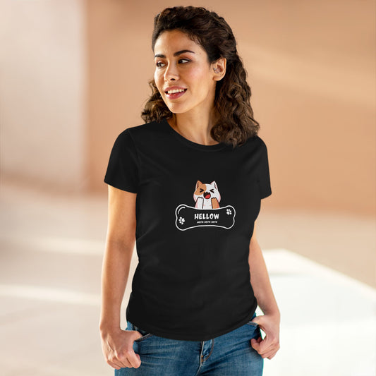 Black Printify T-shirt with cute cat graphic tee design featuring a playful cat and paw prints