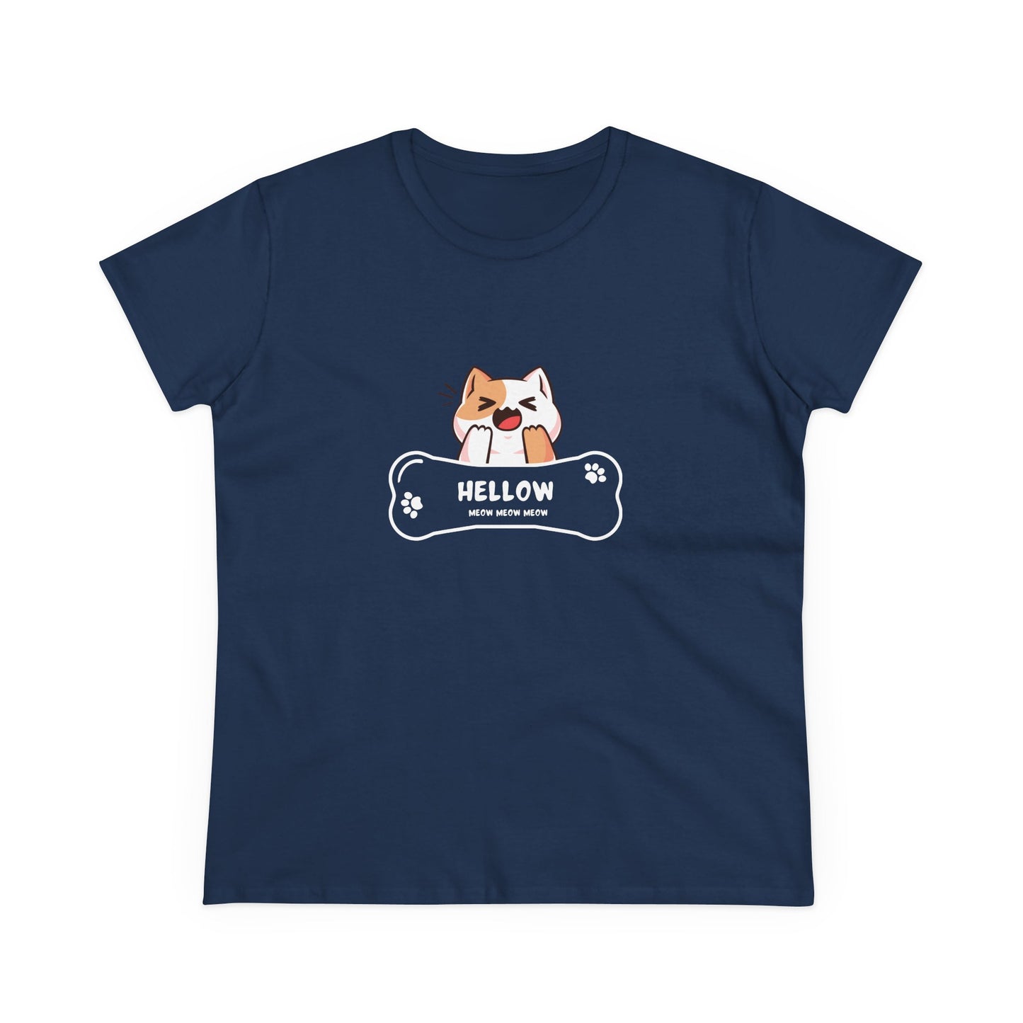 Navy blue Printify t-shirt featuring a cute cat graphic tee with a yawning cat and paw prints