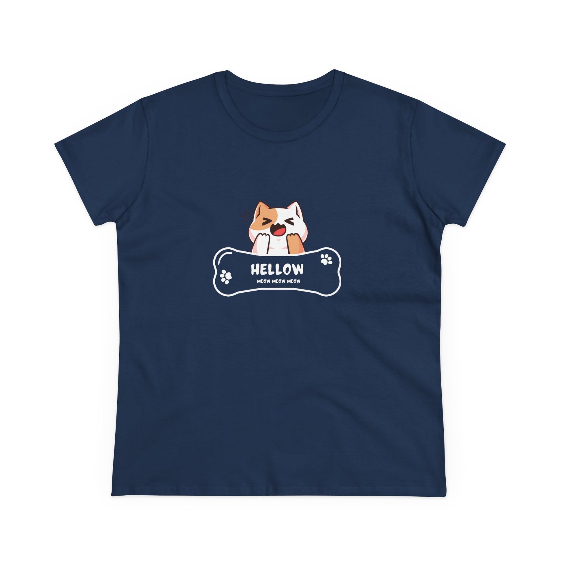 Navy blue Printify t-shirt featuring a cute cat graphic tee with a yawning cat and paw prints