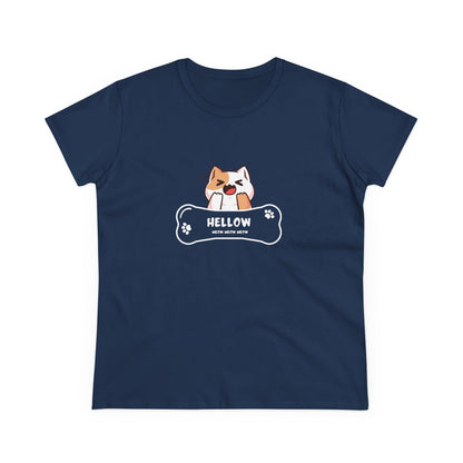 Navy blue Printify t-shirt featuring a cute cat graphic tee with a yawning cat and paw prints
