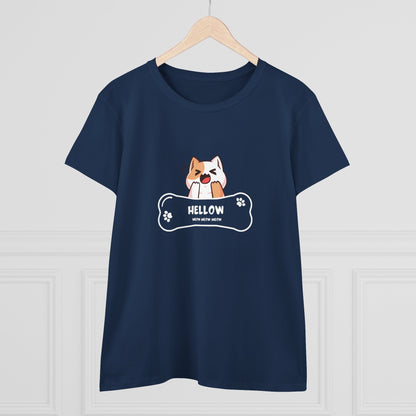 Navy Printify t-shirt featuring a cute cat graphic tee with a playful cat holding a bone design