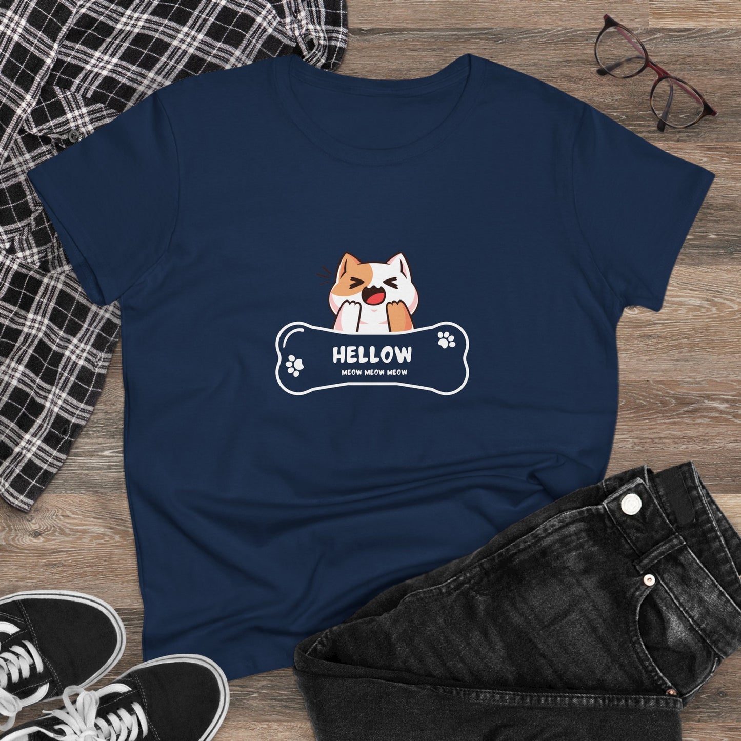 Navy Printify T-Shirt featuring a cute cat graphic tee with a yawning cat and bone design