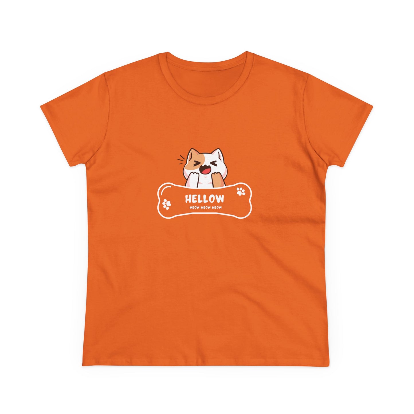 Printify orange t-shirt with cute cat graphic tee featuring a playful cat and bone design