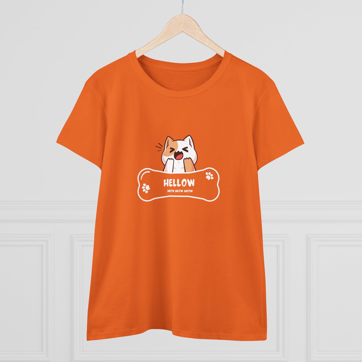 Orange Printify T-shirt with a cute cat graphic tee design showing a playful cat with a bone sign