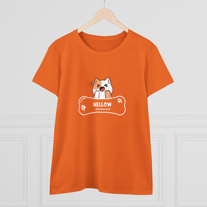Orange Printify T-shirt with a cute cat graphic tee design showing a playful cat with a bone sign