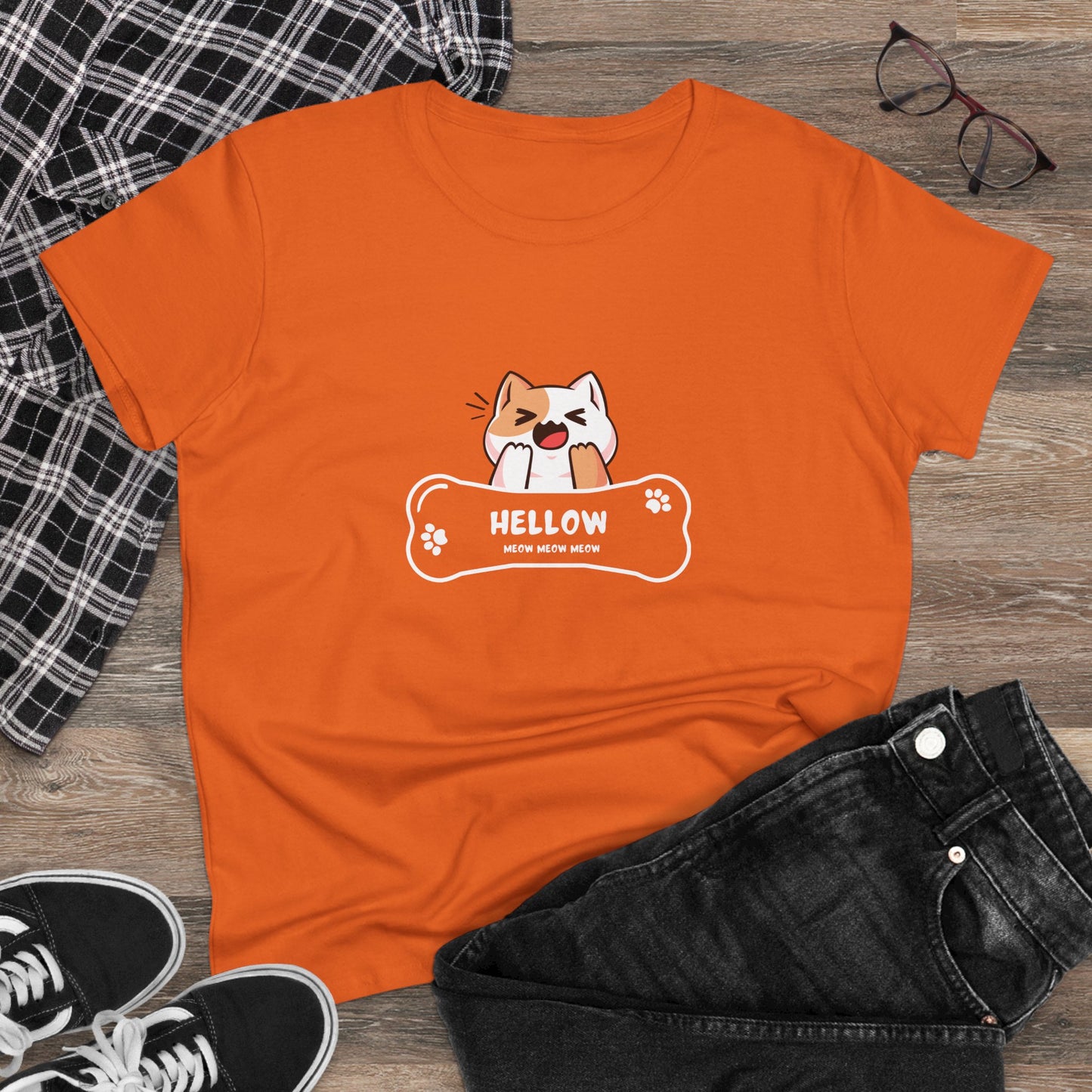 Orange Printify t-shirt featuring a cute cat graphic tee with a playful cat and bone design