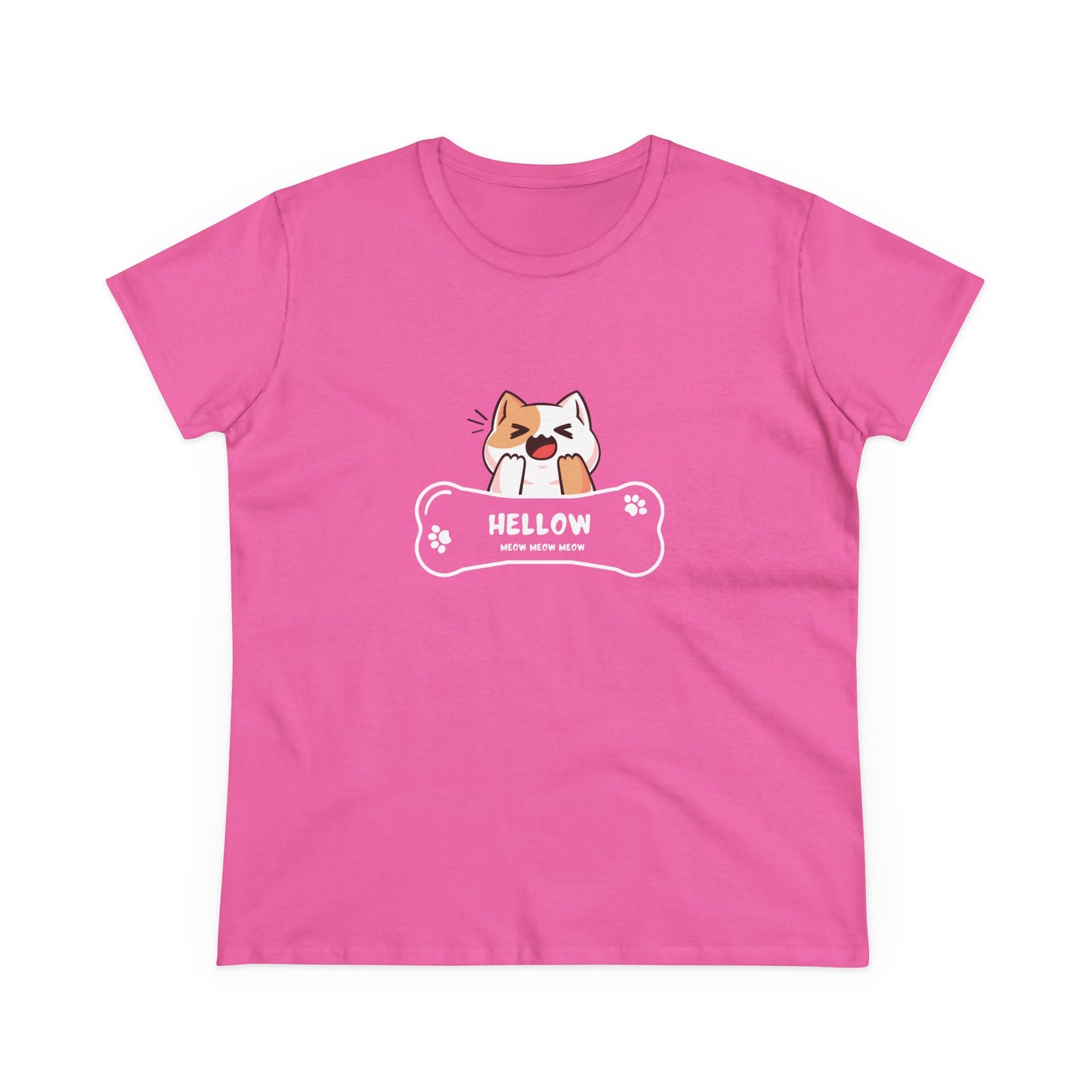 Pink Printify t-shirt featuring a cute cat graphic tee with a playful cat and bone design