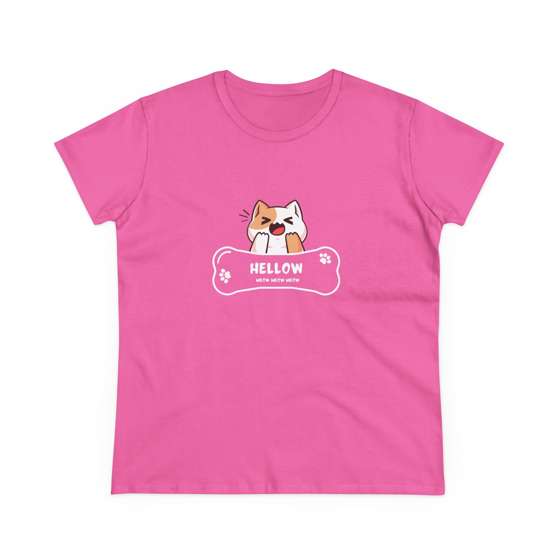Pink Printify t-shirt featuring a cute cat graphic tee with a playful cat and bone design