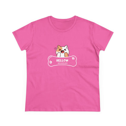 Pink Printify t-shirt featuring a cute cat graphic tee with a playful cat and bone design
