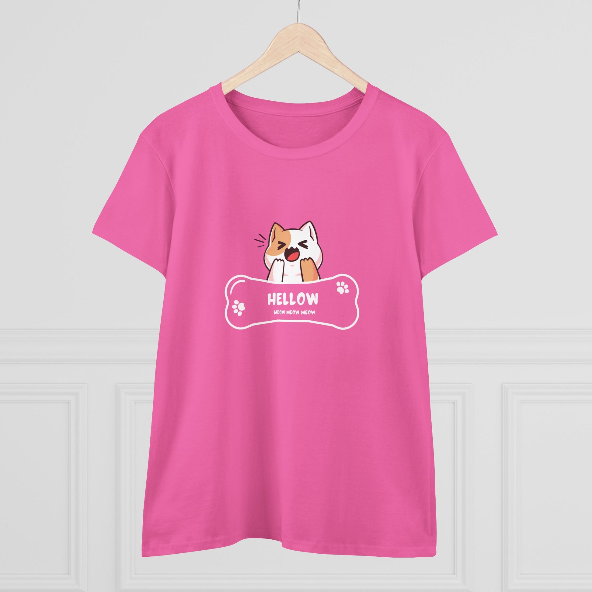 Pink T-Shirt with cute cat graphic tee design featuring a winking cat and bone-shaped text