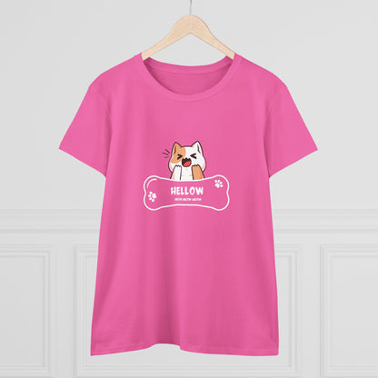 Pink T-Shirt with cute cat graphic tee design featuring a winking cat and bone-shaped text