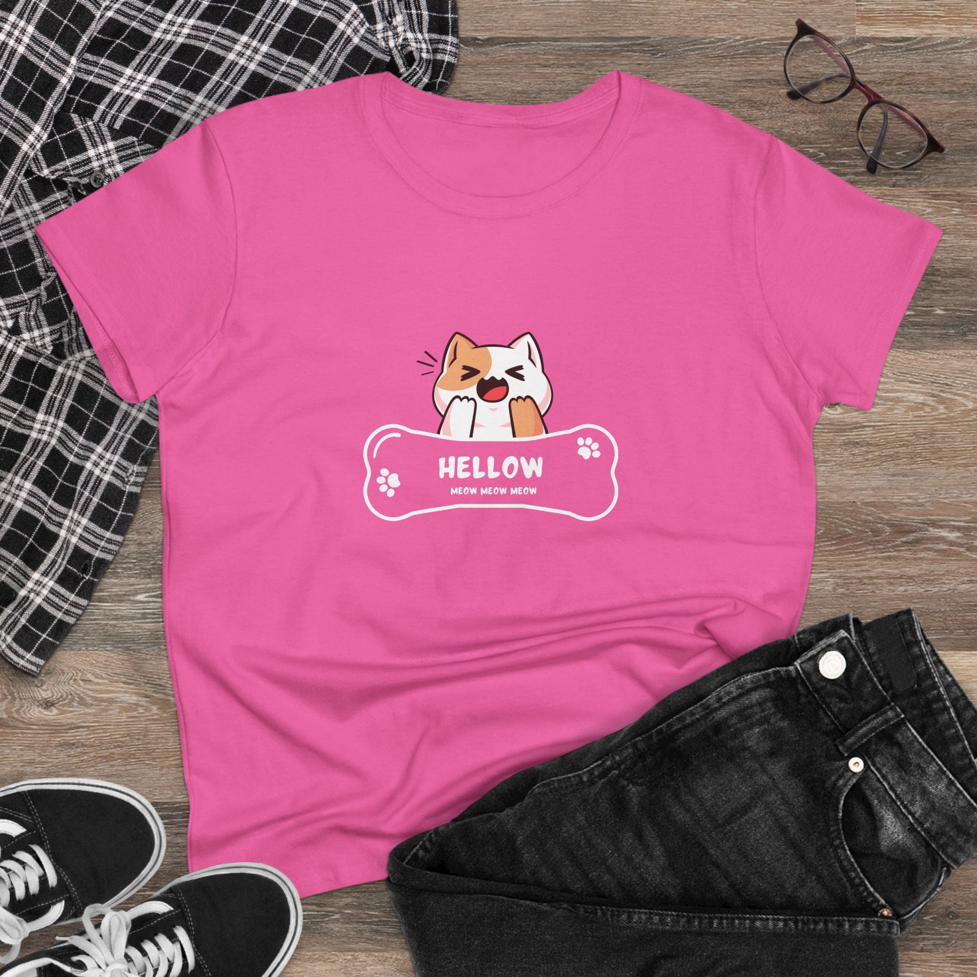 Pink Printify T-shirt featuring a cute cat graphic tee with a playful cat and bone design