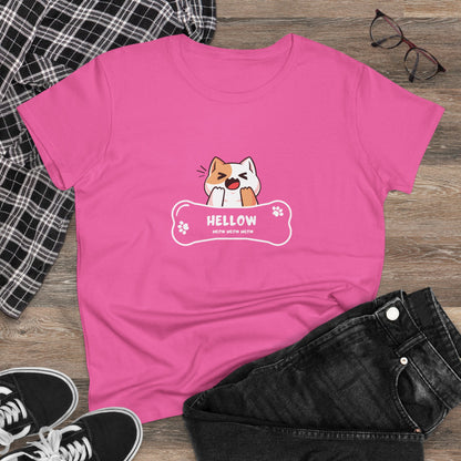 Pink Printify T-shirt featuring a cute cat graphic tee with a playful cat and bone design