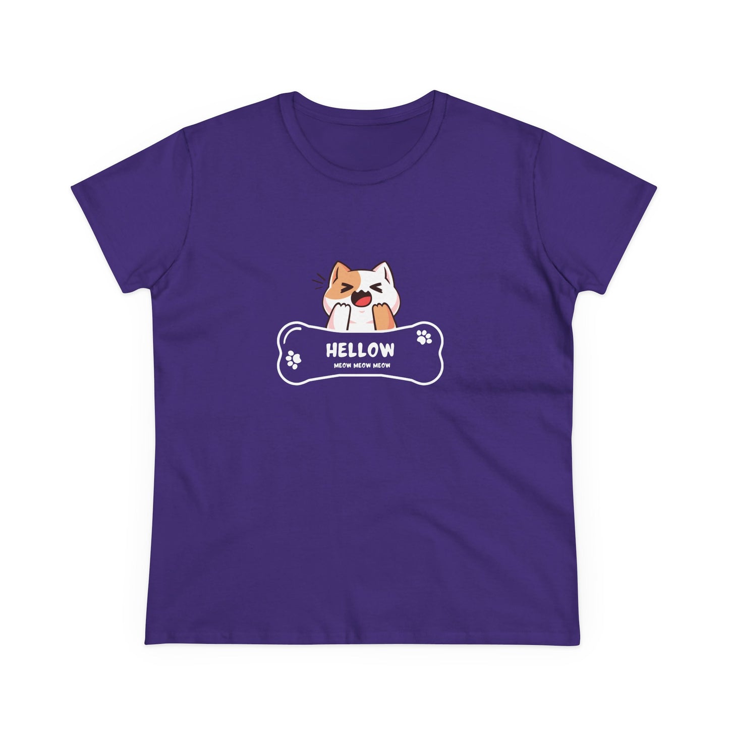 Purple Printify T-shirt featuring a cute cat graphic tee with a playful cat and bone design
