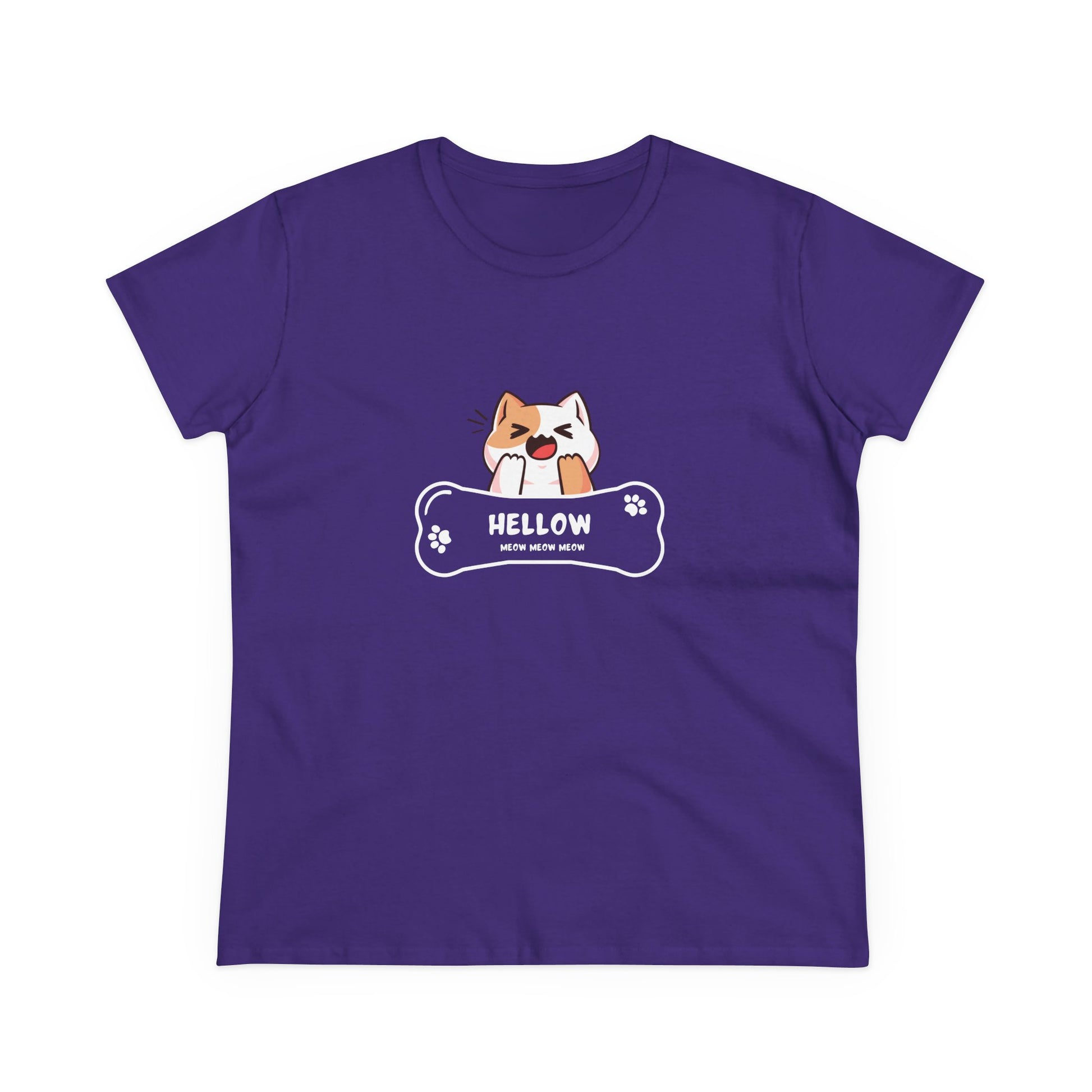 Purple Printify T-shirt featuring a cute cat graphic tee with a playful cat and bone design