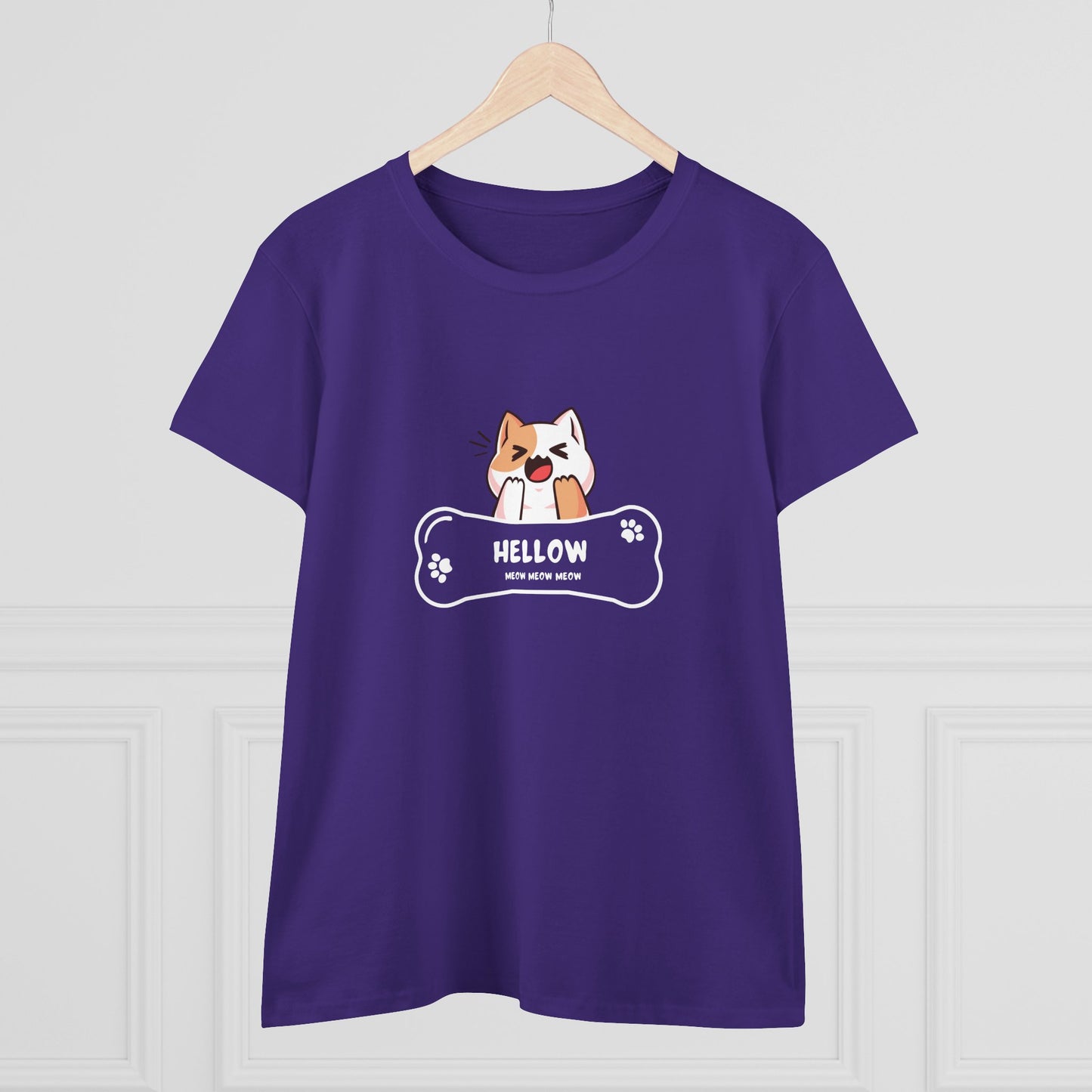 Purple T-shirt with cute cat graphic tee featuring a playful cat and bone design